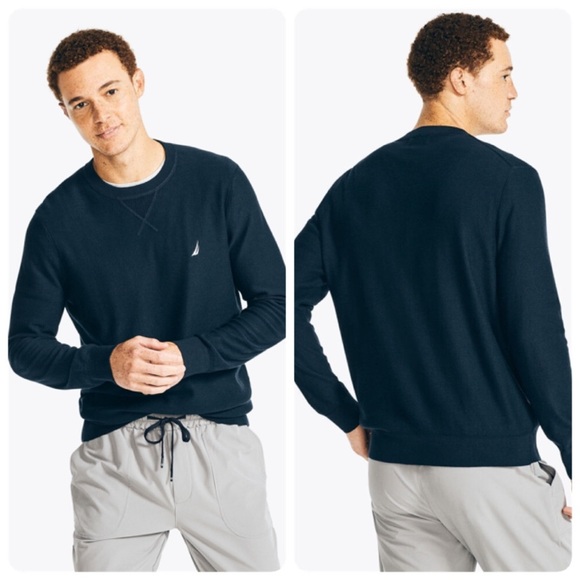 Nautica Blue White Trim Men’s Sweater Sailboat Logo Cotton Viscose NWT M Preppy - Picture 1 of 9